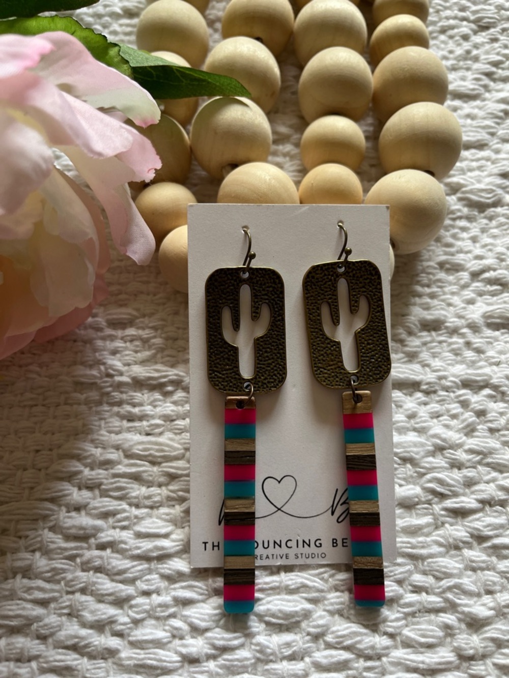 Cactus Cutout Drop Earrings with Turquoise + Pink Stripes